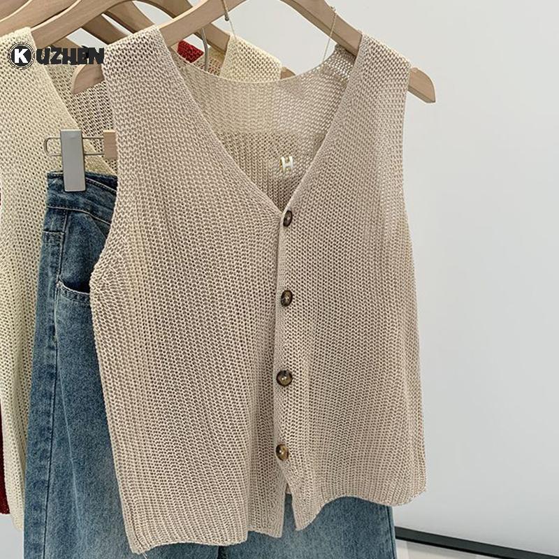 KUZHEN Áo Vest Dáng V Mùa Hè Cho Nữ, Vải Cotton và Lanh, Thiết Kế Trơn Hot