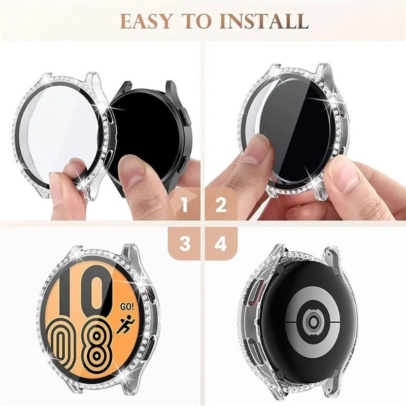Ốp PC + Kính Cường Lực Cho Samsung Galaxy Watch 6 7 40mm 44mm Vỏ Khung Ốp Lưng Kim Cương Cho Samsung Galaxy Watch FE 5 4 40mm 44mm Bảo Vệ Màn Hình Full Cover