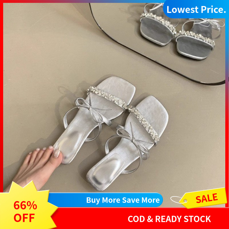 Dép dây nơ kim cương giả dành cho nữ phong cách mùa hè mới thanh lịch và hoàn hảo với váy dép gót chunky tuyệt đẹp kiểu Pháp