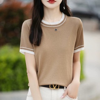 Áo len lụa ngắn tay nữ, cổ tròn mỏng nhẹ - Phong cách Hàn Quốc, phù hợp mùa hè