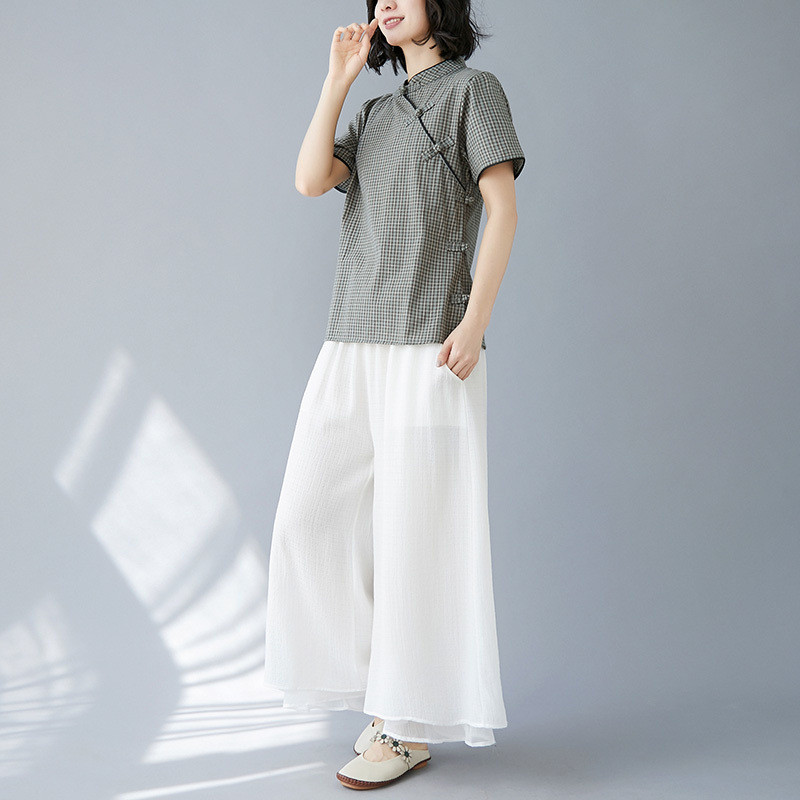Mới Sườn Xám Trung Quốc Plus Kích Thước Cải Tiến Sườn Xám Retro Cotton Kẻ Sọc Khóa Tay Ngắn Đứng Cổ Áo Cải Tiến Quần Áo Nữ
