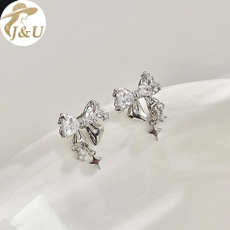 Cặp bông tai phong cách Hàn Quốc với nơ zircon và pha lê ngọt ngào, hợp thời trang dành cho nữ