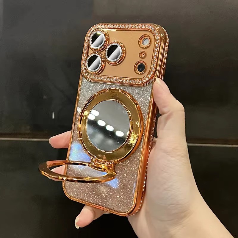 Gương Lấp Lánh Đứng Từ Tính Ốp Lưng Điện Thoại iPhone 17 16 15 14 13 12 Pro Max 11 17 Air Sang Trọng Kim Cương Giả Thiết Kế Trường Hợp