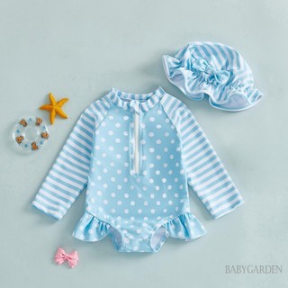 6M-4Y Tập Đi Bé Gái Rash Guard Đồ Bơi Dễ Thương Thời Trang Tay Dài Sọc Chấm Áo liền quần Có Mũ 2 Chiếc Đồ Bơi