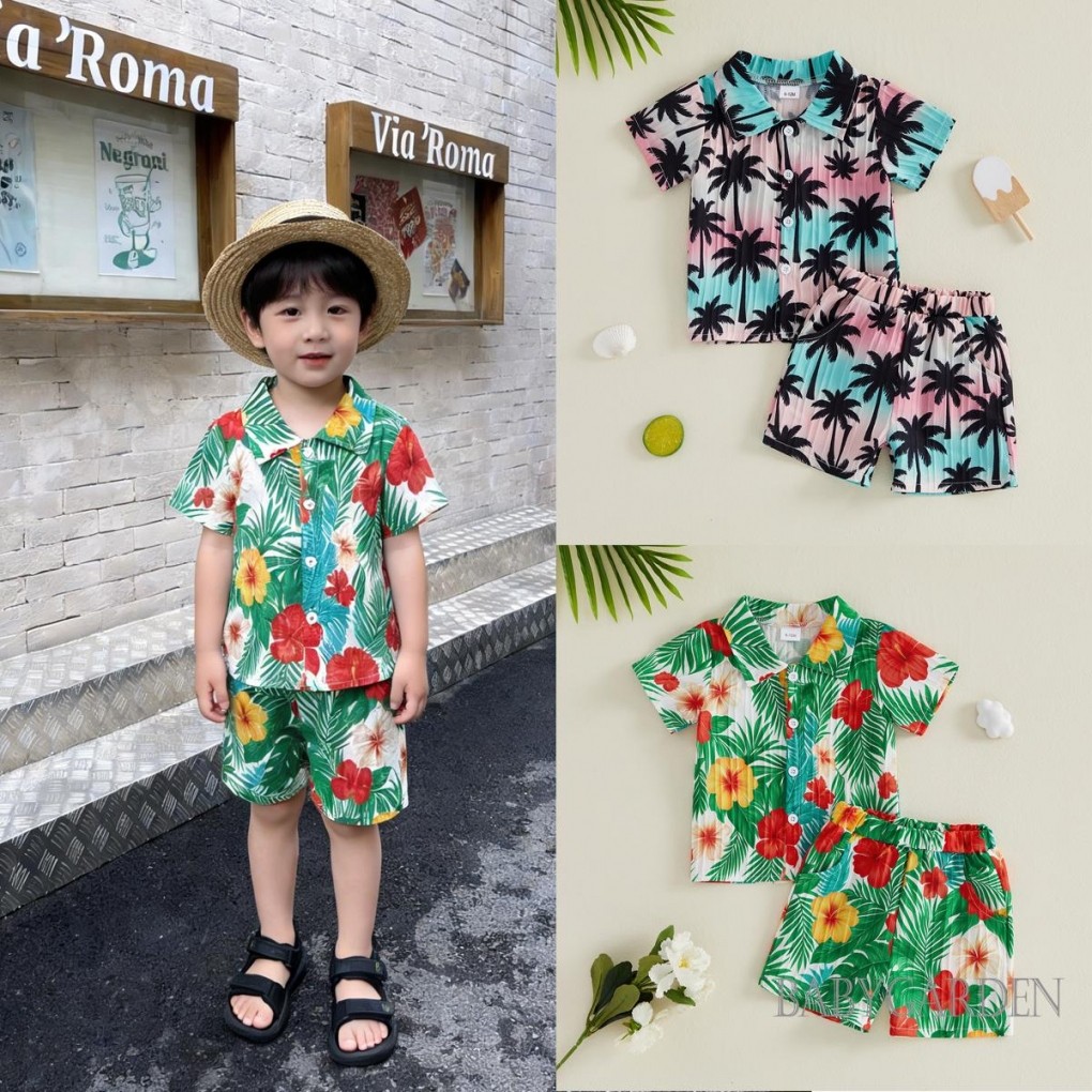 6m-4y Trẻ Em Bé Trai Trang Phục Mùa Hè Hawaii Cây Dừa / Lá Cọ In Áo Sơ Mi Tay Ngắn Có Quần Short Bộ 2 Chiếc