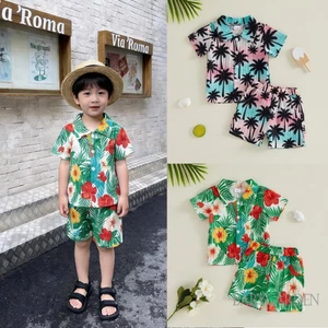6m-4y Trẻ Em Bé Trai Trang Phục Mùa Hè Hawaii Cây Dừa / Lá Cọ In Áo Sơ Mi Tay Ngắn Có Quần Short Bộ 2 Chiếc