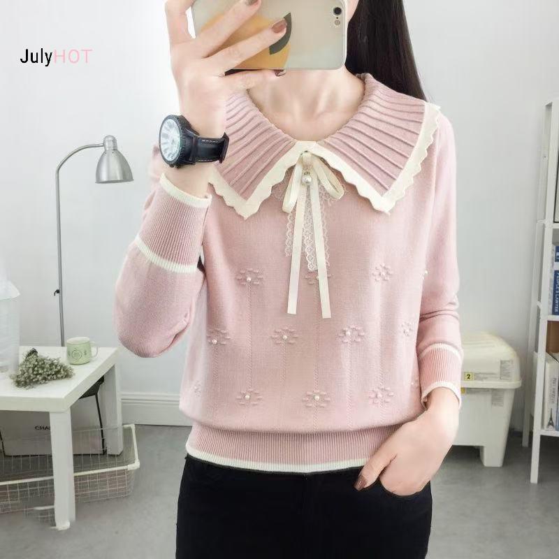Áo len Hàn Quốc dành cho nữ với nơ ngọt ngào cổ búp bê và đính hạt