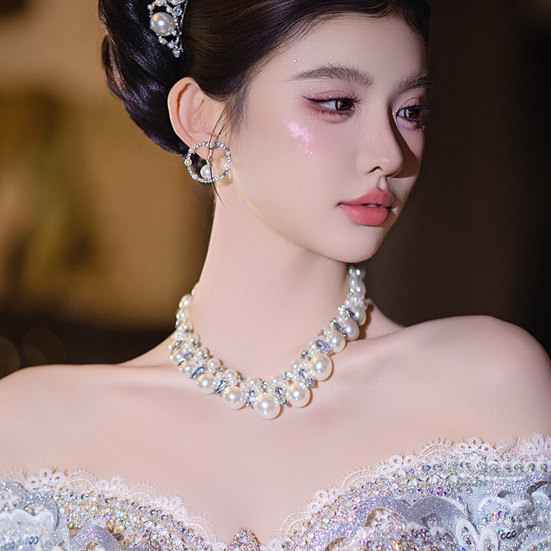 Dây Choker Ngọc Trai Đính Đá Lấp Lánh Phong Cách Vintage Pháp Cao Cấp Phụ Kiện Trang Phục Cô Dâu