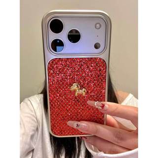 Mạ 3D Ngựa Vàng Hồng Đỏ Lấp Lánh Kim Sa Lấp Lánh Vỏ Điện Thoại iPhone 17Promax 17pro 14 15 16 Pro Max 13 Vỏ Di Động Nữ Chống Sốc