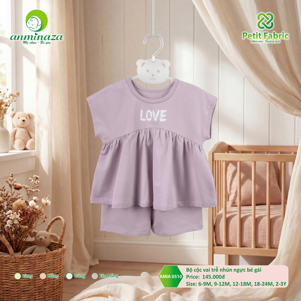 Bộ Cộc Tay Trễ Nhún Ngực Bé Gái Anminaza Vải Sợi Tre Petit Mềm Mại Thoáng Mát - Hàng Chính Hãng AMI0510