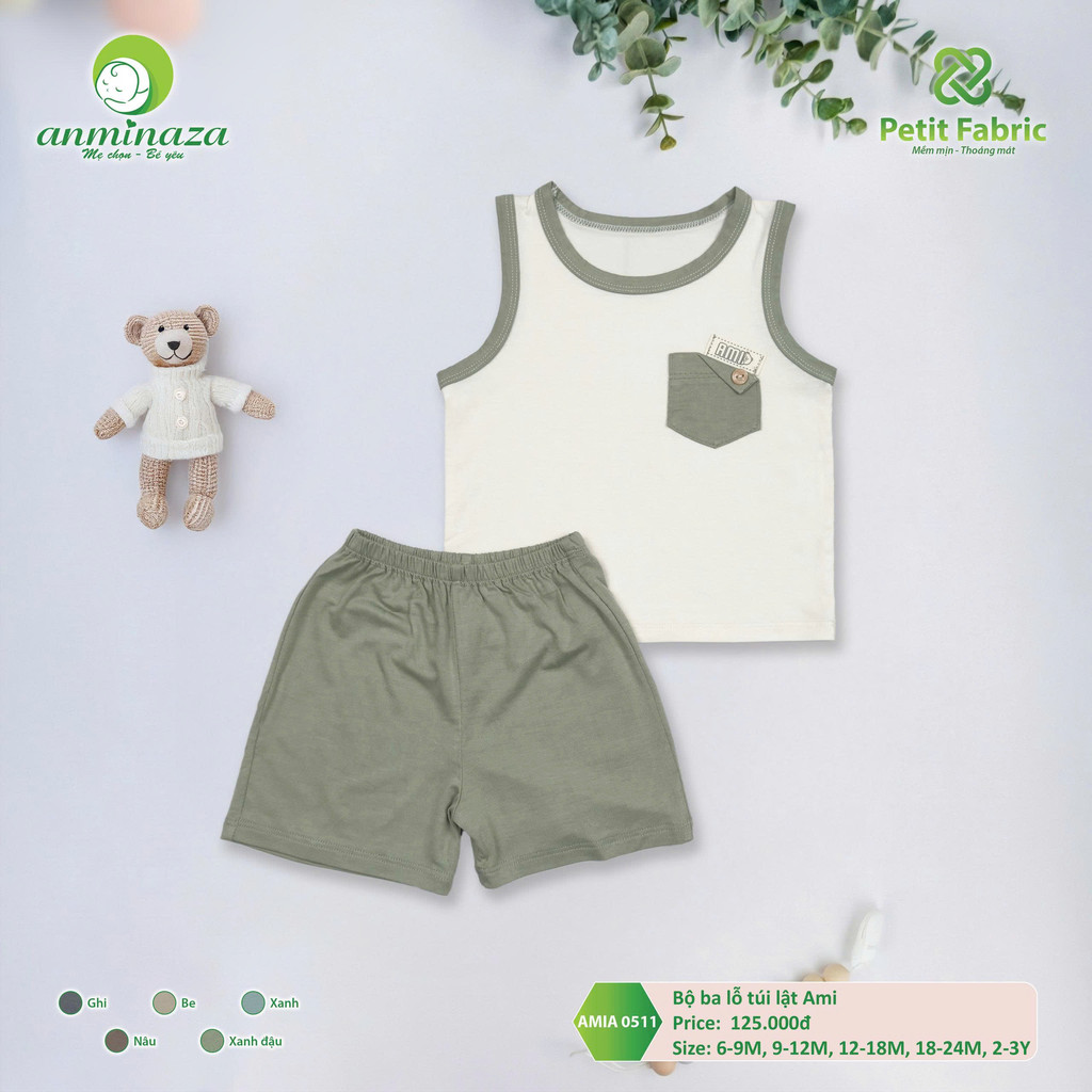 Bộ Ba Lỗ Túi Lật Bé Trai Anminaza Vải Sợi Petit Thoáng Mát Thấm Hút - Hàng Chính Hãng AMI0511