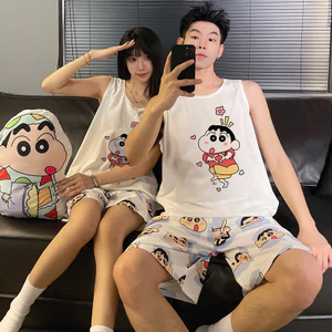 Hoạt Hình Dễ Thương Crayon Shin-Chan Cặp Đôi Bộ Đồ Ngủ Áo Quần Short Cotton Nguyên Chất Chui Đầu Loungewear Set