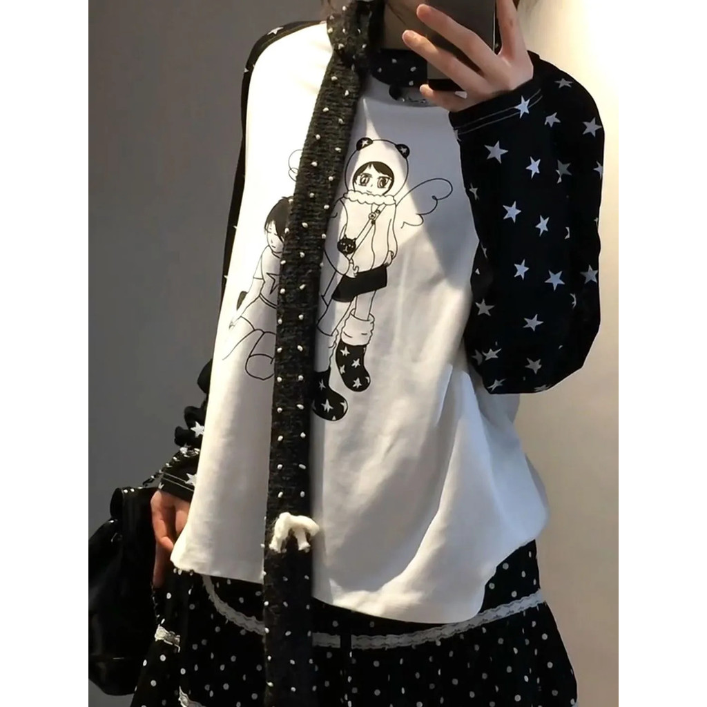 Milyfashion Rời Kích Thước Lớn Thường Ngày Lười Tương Phản Màu Khâu Retro Top Ngôi Sao In Cổ Tròn Tay Dài T Y2K