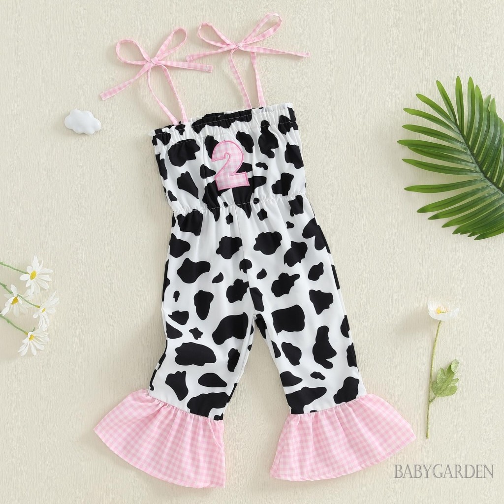 Bé Gái Sinh Nhật Áo liền quần Không Tay Dây Buộc Dây Thêu Chữ Bò In Hình Mùa Hè Playsuits Quà Tặng