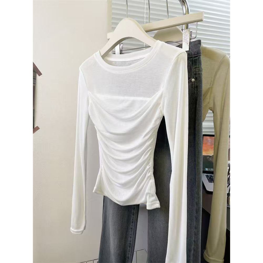 Milyfashion Mỏng Lưới Dài Tay Áo Thun Nữ Đầu Thu Phong Cách Mới Xếp Ly Slim-Fit Đáy Áo Sơ Mi Ngắn Top Bé tee Y2K