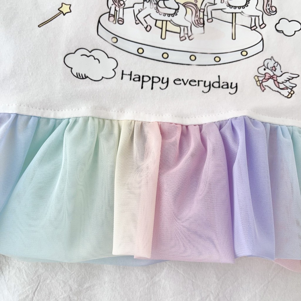 Cotton Lycra Trẻ Em Top Mùa Hè Phong Cách Mới In Hình Dễ Thương Váy Cầu Vồng Viền Áo Thun 100-150 Kích Thước WUUV