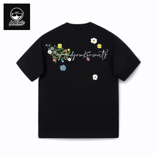 Áo thun cổ tròn Unisex KERWATS phong cách Hàn Quốc với họa tiết hoa và in chữ