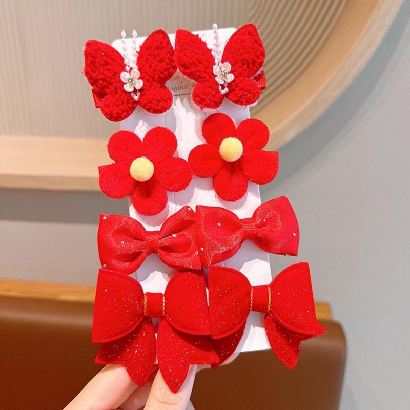 Set 8 Kẹp Tóc Nơ Bằng Lông Nhung Mầu Đỏ Mừng Năm Mới Dành Cho Bé Gái Mẫu Mới 2025