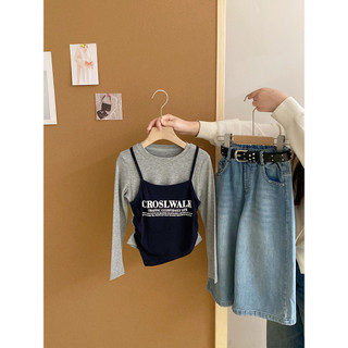 Bé Gái Slim-fit Sling Đáy Áo Sơ Mi Giả Hai Mảnh Dài Tay Áo Thun Trẻ Em Phù Hợp Với Quần Jean Ống Rộng Phù Hợp Với