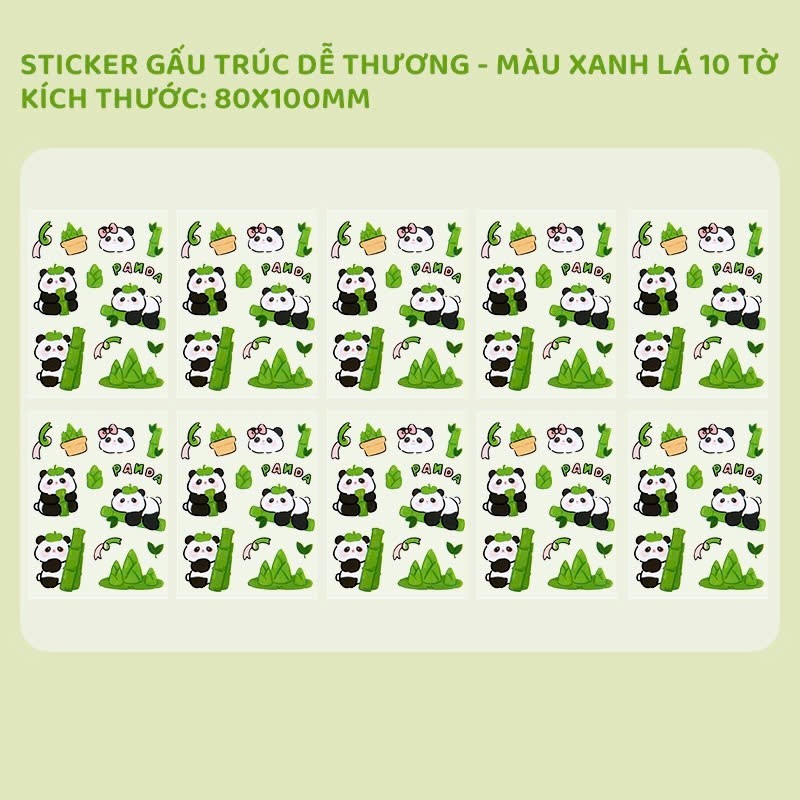 Sticker mini gấu trúc 10 miếng trong suốt, hình dán cute trang trí laptop sổ tay bút và đồ dùng học tập
