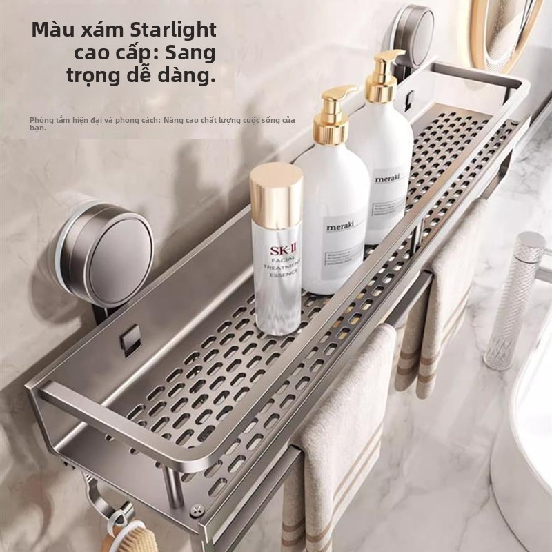 Kệ để đồ nhà tắm hút chân không kèm móc treo khăn,đa chức năng,thép Carbon, chịu lực tốt,Không cần khoan