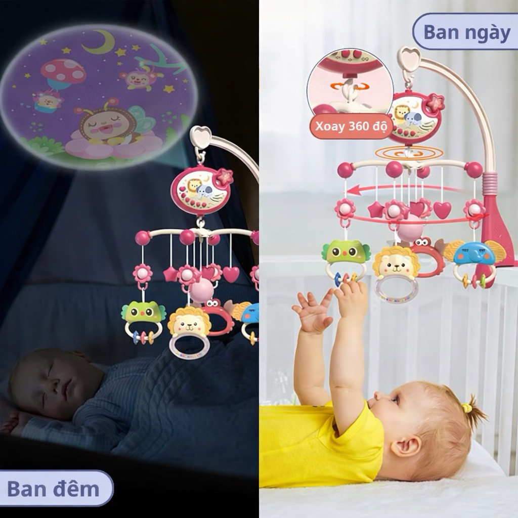 Đồ chơi treo nôi cũi kèm gặm nướu cho bé sơ sinh xoay 360 kích thích thị giác có hộp nhạc chế độ tự tắt ANBEBE