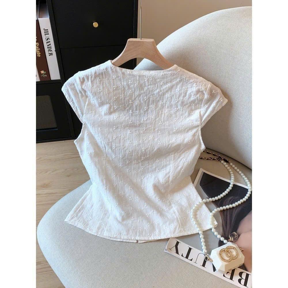 (HÀNG QCCC) Ao sơ mi trắng tay ngắn thiết kế cổ V phối ren buộc nơ bánh bèo dễ thương kiểu Pháp BASHOP SP456