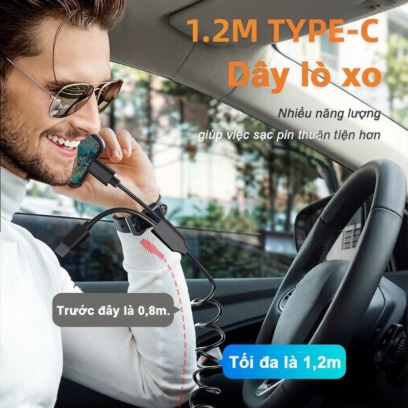 Tẩu sạc ô tô sạc nhanh 120W đa cổng 3in1 an toàn chống cháy dây cuốn gọn linh hoạt tương thích