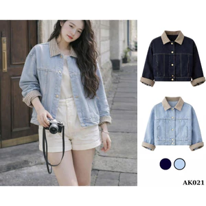 Áo Khoác Jeans Nữ Form Rộng Cổ Caro Có Túi – Denim Basic Vintage Ulzzang Vải Dày Màu Đẹp_AK021