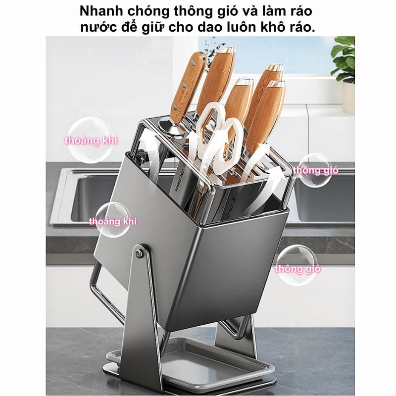 Kệ cài dao kéo có khay hứng nước tiện lợi, chất liệu thép chống gỉ bền bỉ, tiết kiệm không gian bếp