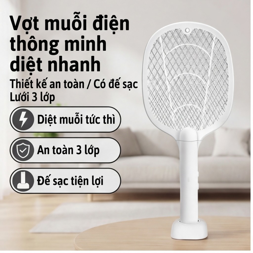 Vợt muỗi tự động kiêm đèn bắt muỗi 3 in 1 tự động sạc tích điện, vợt bắt muỗi thông minh cao cấp để bàn