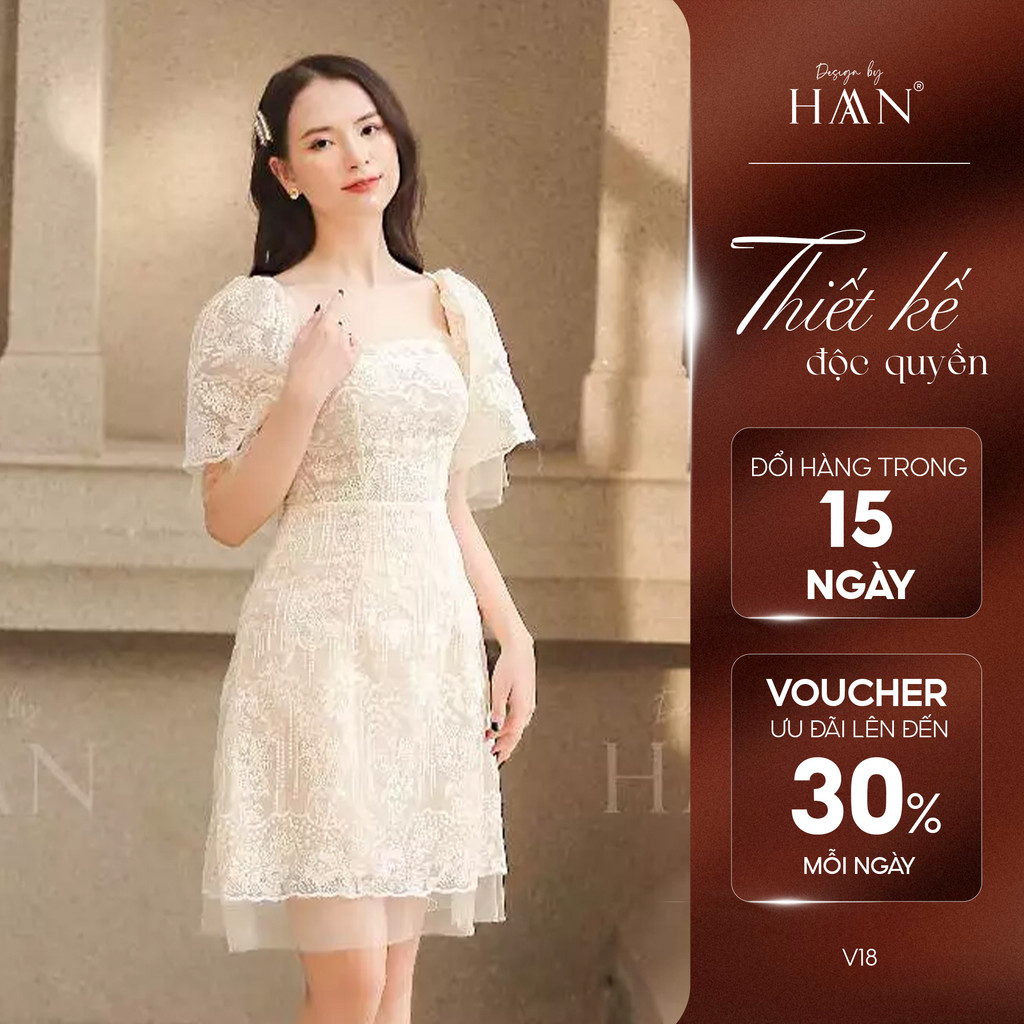 Váy ren HAAN DESIGN cổ vuông thiết kế công sở, đi tiệc, chất liệu ren kèm lót cao cấp mềm mại IRENA (VÁY18)