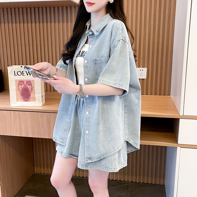 Bộ hai món áo sơ mi và quần short denim rộng rãi, phong cách mới, thời trang mùa xuân hè, dành cho nữ