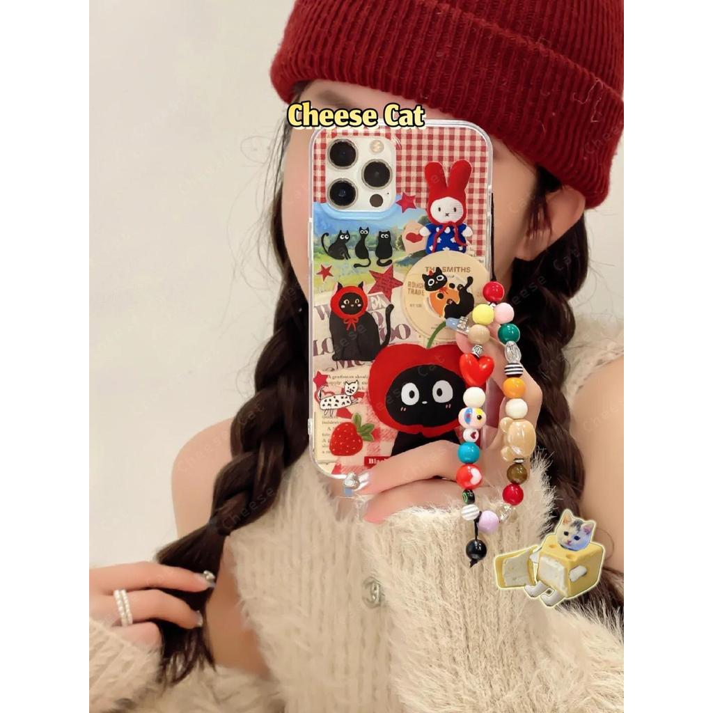 Ốp điện thoại thỏ và mèo đen Apple màu đỏ tía siêu dễ thương cổ điển cho iPhone 13 14 11 12 15 16 17 Pro Max 7 Plus Xs