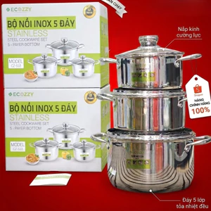 Bộ 3 Nồi 5 Đáy Inox Ecozzy Chính Hãng 18-20-24cm, Nồi Inox Dày Đẹp Dùng Mọi Bếp, Bếp Từ, Bếp Hồng Ngoại