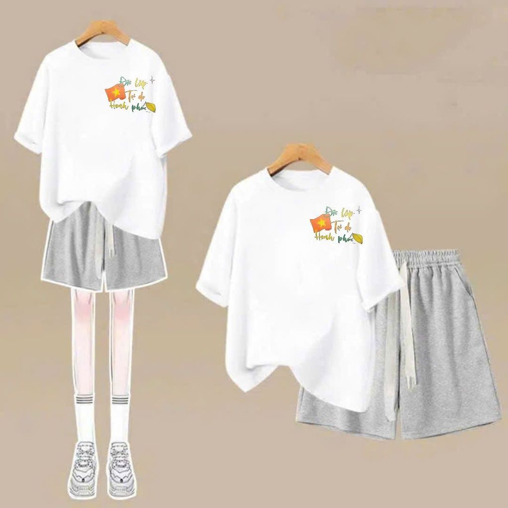 sét bộ quần đùi cộc dây bản to trơn +mix áo phông form rộng chữ ĐỘC LẬP-chang3158