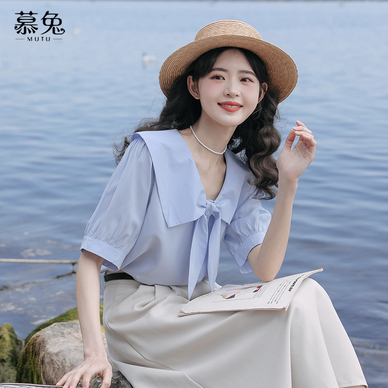 Mutu cổ nơ bông bê tay ngắn phong cách mới cho mùa hè