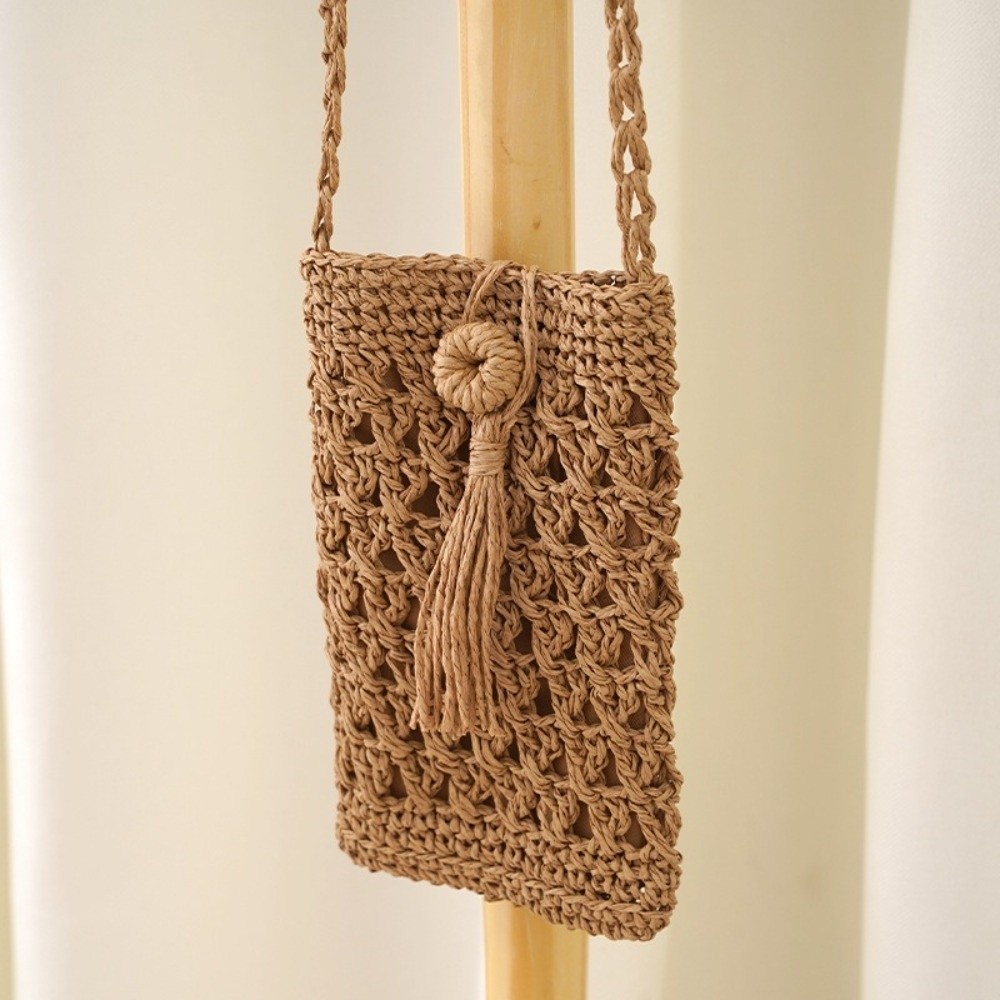Túi đeo chéo HOBBYIN, Túi điện thoại di động phong cách Kaki Boho màu be, Túi vuông nhỏ cỡ nhỏ Ví dệt tay cho nữ Cô gái