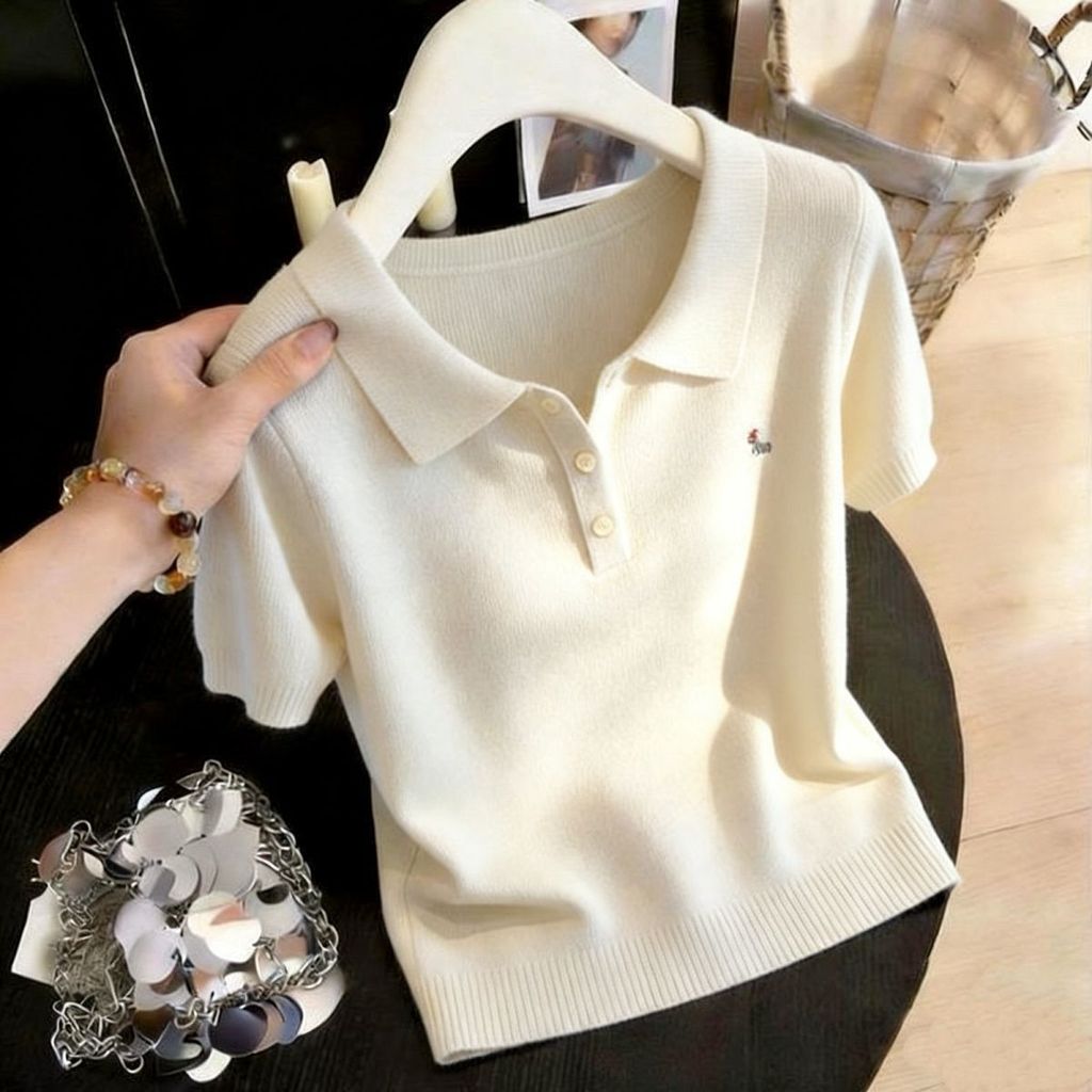 Áo thun cổ Polo nữ cỡ lớn, hàng dệt kim mỏng màu trơn, phù hợp thời trang mùa hè