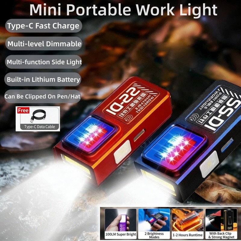 [2 CÁI] Đèn làm việc Mini cầm tay 600mAh USB-C Đèn pin EDC có thể sạc lại có kẹp nắp Nhấp nháy khẩn cấp để cắm trại ngoài trời làm việc
