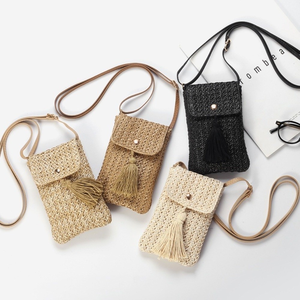 Túi đeo chéo HOBBYIN, Túi điện thoại di động phong cách Kaki Boho màu be, Túi vuông nhỏ cỡ nhỏ Ví dệt tay cho nữ Cô gái