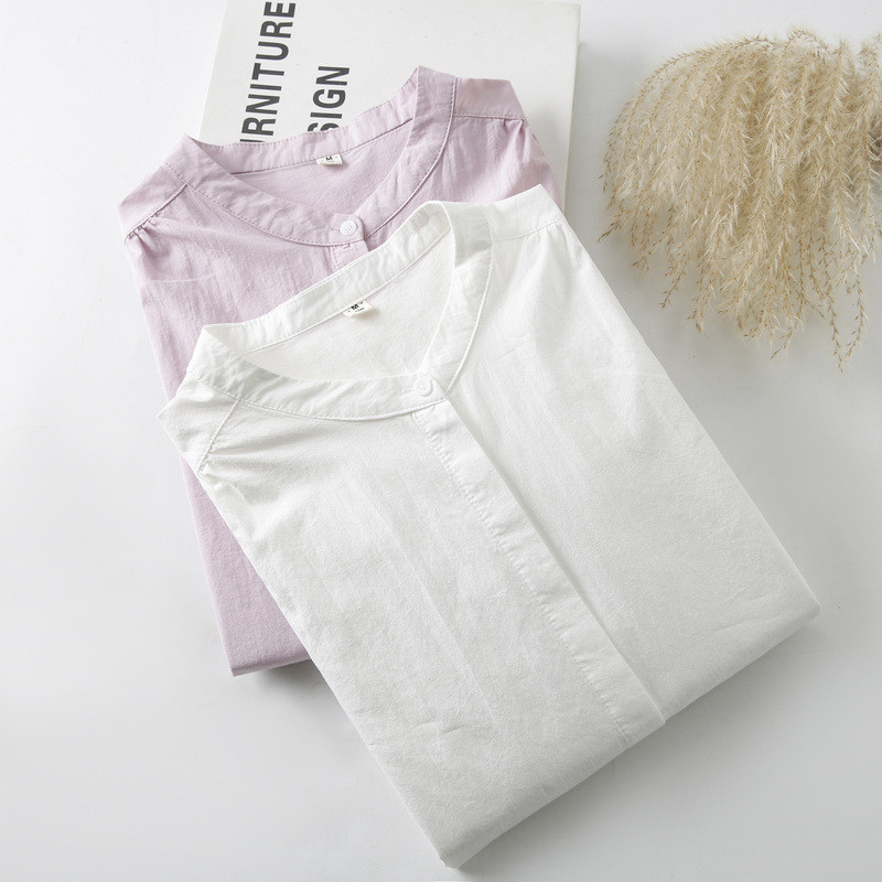 Áo sơ mi nữ trắng trơn cotton, cổ tròn, dễ giặt, phù hợp mùa xuân