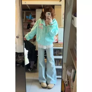 American Sweet áo len cardigan polka dot sao với chữ có mũ trùm đầu, phù hợp mùa xuân và thu
