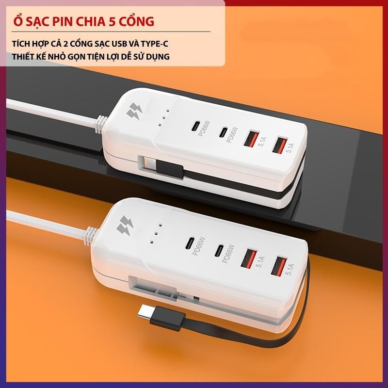 【Hot】Trạm Sạc Để Bàn Nhiều Cổng: USB Type C, dây kéo dài, đa năng sạc điện thoại. An toàn chống cháy!