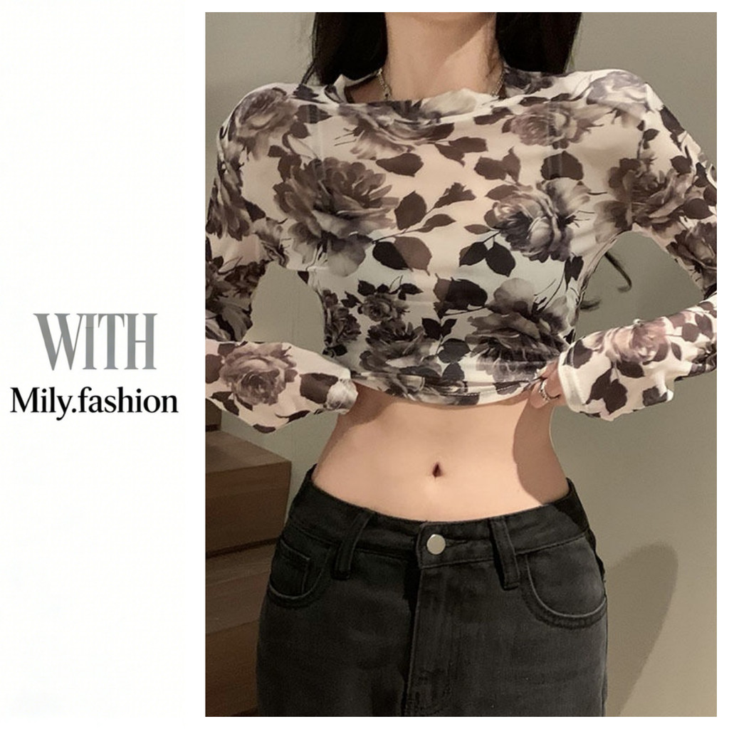 Milyfashion Retro Hoa Hồng In Gạc Ngắn Rốn lộ Áo thun dài tay cho bé tee xuyên thấu