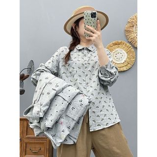 Áo sơ mi nữ tay dài phong cách Mori art, sợi cotton cao cấp, in mềm mại