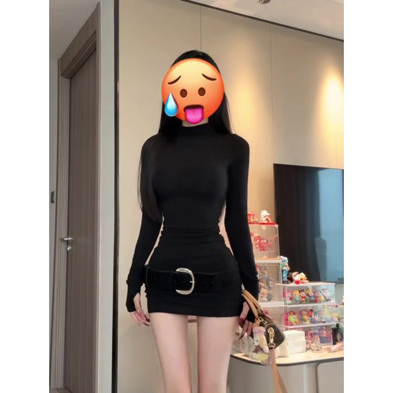 Mùa Thu Hot Girl Váy Ngắn Hông Cổ Cao Tay Dài Đầm Da