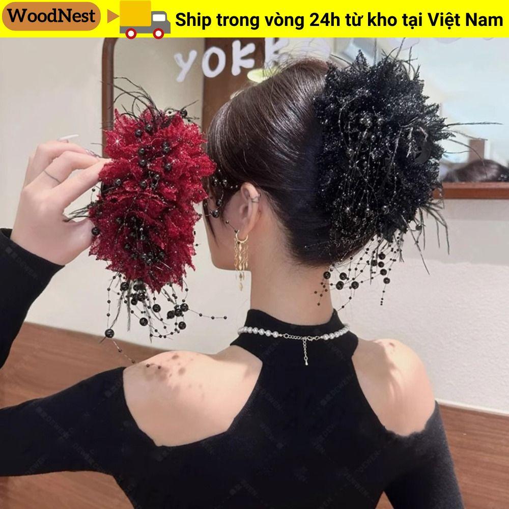 Vuốt tóc gỗ nhất với kẹp nhựa kim sa lấp lánh, tua rua thời trang hoa mẫu đơn
