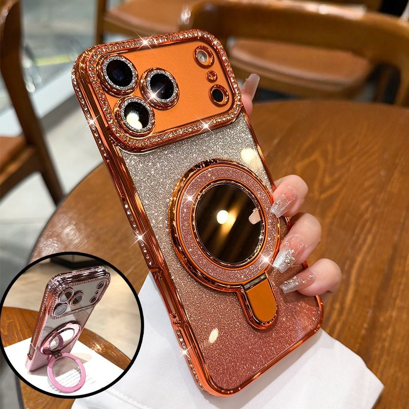 Flash Kim Cương Gương Đứng Ốp Lưng Điện Thoại iPhone 17 Pro Max 16 13 14 15 Pro Max Bao Gồm Bảo Vệ Ống Kính Máy Ảnh Vỏ Mềm Vỏ Điện Thoại Vỏ Bảo Vệ