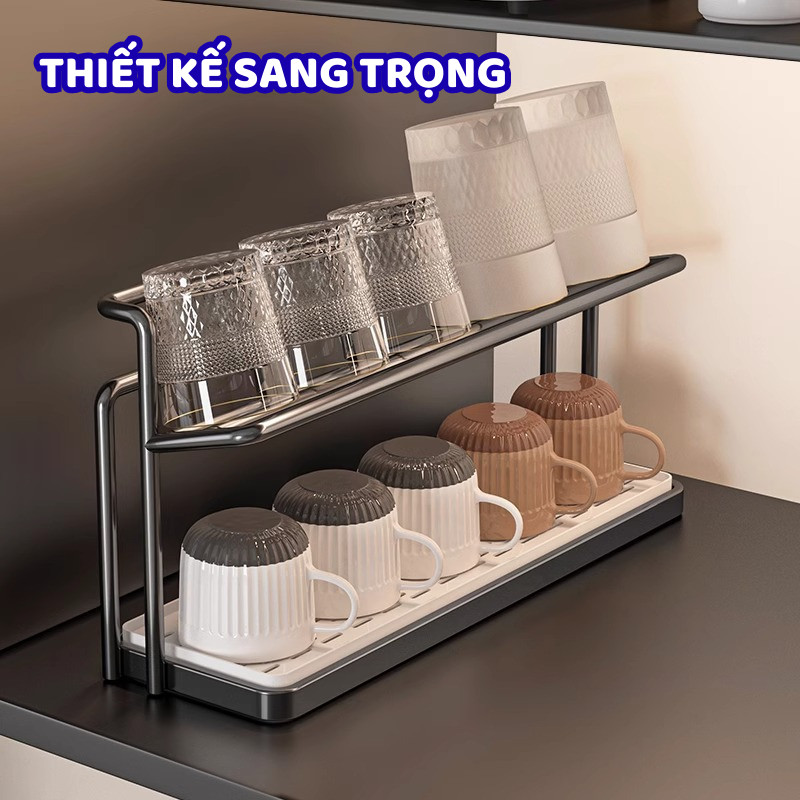 Giá Úp Cốc 2 Tầng Thép Carbon Cao Cấp DINO – Kệ Để Ly Cốc Có Khay Hứng Nước Tiện Lợi, Kệ Để Đồ Nhà Bếp